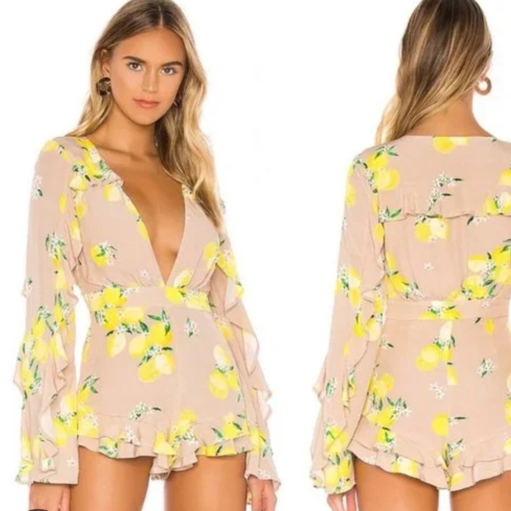 MAJORELLE Beige Romper with Yellow Lemon Floral Print